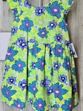 Kidgets Lime Green Floral Flutter-Sleeve Dress with Teal & Purple Blooms